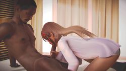 Rule 34 | 3d, age difference, animated, animated gif, dark-skinned male, dark skin, fellatio, highres, honey select, interracial, long hair, oral, penis, uncensored