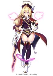 Rule 34 | 1girl, belt, black hat, black panties, blonde hair, blue eyes, boots, braid, capelet, commentary request, detached wings, dmm games, frown, full body, gloves, hair between eyes, hat, highres, holding, holding sword, holding weapon, low tied hair, mole, mole under eye, official art, panties, purple thighhighs, red capelet, simple background, single braid, solo, standing, striped clothes, striped thighhighs, sword, tagme, takatun223, thighhighs, thighs, underwear, weapon, white background, white belt, white footwear, white gloves, wings