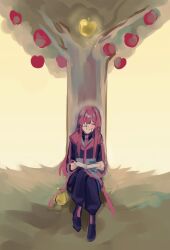 Rule 34 | 1girl, absurdres, apple, black footwear, black jacket, black pants, book, closed eyes, facing viewer, food, fruit, golden apple, grass, grin, highres, holding, holding book, jacket, limbus company, long hair, long sleeves, msx (mis4xi), pants, pink hair, project moon, shoes, sidelocks, sitting, smile, solo, tree, very long hair, yuri (project moon)