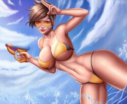Rule 34 | 1girl, absurdres, bikini, blizzard (company), breasts, brown eyes, brown hair, cleavage, curvy, day, feet, female focus, flowerxl, highres, large breasts, looking at viewer, ocean, overwatch, smile, swimsuit, thighhighs, tracer (overwatch), yellow bikini
