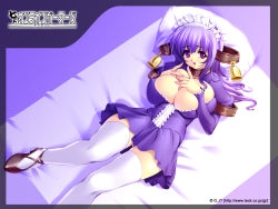 Rule 34 | 1girl, bed, bell, blue hair, blush, breasts squeezed together, breast suppress, breasts, choker, cleavage, covered erect nipples, crim (shichinin no online gamers), dress, dutch angle, fingernails, frills, from above, gunner-l, hair ornament, high heels, huge breasts, large breasts, long fingernails, long hair, maid, maid headdress, nail, no bra, panties, pantyshot, pillow, purple eyes, purple hair, shichinin no online gamers, shoes, smile, solo, strap, thighhighs, underwear, wallpaper, white thighhighs, zettai ryouiki