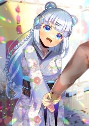 Rule 34 | 1girl, 1other, :d, animal ear headphones, animal ears, blue eyes, blurry, blurry background, braid, commentary request, commission, depth of field, fake animal ears, floral print, grey hair, grey kimono, hair ornament, hairclip, head tilt, headphones, holding another&#039;s wrist, japanese clothes, kimono, kou hiyoyo, long hair, long sleeves, obi, open mouth, print kimono, project nebula, sash, skeb commission, sleeves past wrists, smile, solo focus, usui yura, very long hair, virtual youtuber, wide sleeves