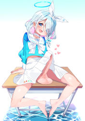 Rule 34 | absurdres, arona (blue archive), blue archive, blue eyes, blue hair, blue shirt, blush, braid, bulge, clothes lift, desk, erection, erection lifting skirt, erection under clothes, eye visible through hair, eyes visible through hair, feet, full-package futanari, futanari, hair ornament, hair over one eye, hair ribbon, halo, heart, highres, in water, koyansuee, large penis, looking at viewer, midriff peek, multicolored hair, navel, penis, ribbon, sagging testicles, sailor collar, school desk, school uniform, serafuku, shirt, sitting, skirt, skirt lift, solo, spread legs, table, testicles, thighs, third-party edit, toes, uncensored, veins, veiny penis, water, white skirt