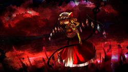 Rule 34 | 1girl, ascot, blonde hair, closed mouth, flandre scarlet, full body, hat, hat ribbon, highres, holding, holding polearm, holding weapon, laevatein (touhou), layered skirt, long skirt, looking at viewer, medium hair, mob cap, multicolored wings, nanahana nanana, outdoors, polearm, red background, red clouds, red eyes, red footwear, red ribbon, red skirt, red theme, red vest, ribbon, ribbon-trimmed headwear, ribbon trim, shirt, short sleeves, side ponytail, skirt, skirt set, solo, touhou, vest, weapon, white hat, white shirt, wings, yellow ascot