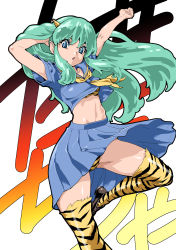 Rule 34 | 1girl, absurdres, alternate costume, animal print, aqua hair, arm behind head, blue eyes, blue serafuku, commentary request, cone horns, contemporary, hassystants, highres, horns, long hair, looking at viewer, lum, midriff, outstretched arm, panties, pantyshot, pleated skirt, school uniform, serafuku, shoes, simple background, skirt, solo, thighhighs, thighs, tiger print, underwear, urusei yatsura, white background