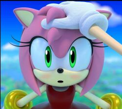Rule 34 | 1boy, 1girl, 3d, :o, amy rose, blush, colored skin, dress, eyelashes, furry, gloves, green eyes, hairband, hand on another&#039;s head, headpat, highres, jewelry, long eyelashes, looking at viewer, pink fur, pink hair, pink skin, pov, red dress, red hairband, sega, solo focus, sonic (series), sonic the hedgehog, white gloves