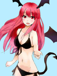 Rule 34 | 1girl, :d, bare shoulders, bat wings, bikini, black bikini, blue background, blush, breasts, cleavage, collarbone, commentary request, demon tail, front-tie top, head wings, highres, jpeg artifacts, koakuma, long hair, looking at viewer, medium breasts, nagata nagato, navel, open mouth, outstretched arm, red eyes, red hair, side-tie bikini bottom, side-tie bottom, simple background, smile, solo, swimsuit, tail, touhou, wings
