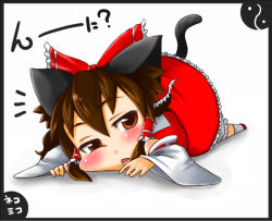 Rule 34 | 1girl, animal ears, blush, bow, brown hair, cat ears, cat girl, cat tail, daitai konna kanji, detached sleeves, face, female focus, full body, hair bow, hakurei reimu, japanese clothes, kemonomimi mode, large bow, looking back, lying, miko, on floor, on stomach, red eyes, ribbon, saliva, solo, ^^^, tail, touhou, white background