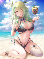 Rule 34 | 1girl, adapted costume, anklet, antlers, apple, barefoot, beach, bikini, black bikini, blue bow, bow, bracelet, braid, braided bangs, branch, breasts, bridal gauntlets, ceres fauna, cleavage, cloud, cloudy sky, commentary request, day, duplicate, fingernails, flower, food, fruit, full body, green hair, green nails, groin, hair flower, hair ornament, hands up, highres, hololive, hololive english, horns, jewelry, kubota masaki, large breasts, long hair, looking at viewer, mole, mole under eye, multi-strapped bikini, multicolored hair, nail polish, navel, o-ring, o-ring bikini, parted lips, pixel-perfect duplicate, single braid, single bridal gauntlet, single thighhigh, skindentation, sky, solo, standing, stomach, streaked hair, swimsuit, thighhighs, virtual youtuber, wet, white flower, white thighhighs, yellow eyes