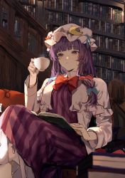 Rule 34 | 1girl, blunt bangs, book, book stack, bookshelf, bow, bowtie, closed mouth, collared shirt, commentary, crescent, crescent hat ornament, cup, dress, feet out of frame, frilled shirt, frills, hair ribbon, hat, hat ornament, hat ribbon, highres, holding, holding cup, indoors, library, long hair, long sleeves, mob cap, open book, open clothes, open shirt, patchouli knowledge, pink hat, pkokonatu, purple dress, purple eyes, purple hair, reading, red bow, red bowtie, ribbon, shirt, sitting, solo, stairs, striped clothes, striped dress, teacup, touhou, white shirt