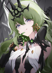 Rule 34 | 1girl, absurdres, black gloves, breasts, claw ring, closed mouth, crown, dress, earrings, elbow gloves, gloves, green hair, highres, honkai (series), honkai impact 3rd, jewelry, long hair, looking at viewer, medium breasts, mobius (honkai impact), purple eyes, single earring, slit pupils, smile, solo, tongue, tongue out, upper body, very long hair, wavy hair, white dress, ziluolan jia de mao