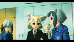 Rule 34 | 10s, 4girls, alpaca ears, alpaca suri (kemono friends), alternate costume, animal ears, blouse, bottle, business suit, chromatic aberration, collared shirt, commentary request, common raccoon (kemono friends), fennec (kemono friends), formal, fox ears, godzilla (series), green eyes, hair between eyes, hair over one eye, indoors, kemono friends, letterboxed, multiple girls, necktie, open mouth, police, police uniform, raccoon ears, shin godzilla, shirt, shoebill (kemono friends), short hair, suit, ueyama michirou, uniform, water bottle, white shirt