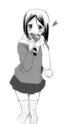 Rule 34 | 1girl, blush, bob cut, covering face, covering own mouth, covering privates, fate/zero, fate (series), genderswap, genderswap (mtf), greyscale, hiyosan, monochrome, necktie, parted bangs, pleated skirt, scarf, short hair, skirt, solo, thighhighs, valentine, waver velvet, zettai ryouiki