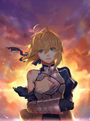 Rule 34 | 1girl, :d, ahoge, armor, armored dress, artoria pendragon (all), artoria pendragon (fate), backlighting, bad id, bad pixiv id, bare shoulders, blonde hair, blood, blue bow, blue dress, blue ribbon, bow, breastplate, breasts, broken armor, bruise, cleavage, cloud, damaged, dress, evening, fate/stay night, fate (series), floating hair, gauntlets, gorget, green eyes, hair between eyes, hair bow, hair ribbon, hand on own arm, injury, juliet sleeves, light rays, long sleeves, looking at viewer, open mouth, outdoors, puffy sleeves, ribbon, saber (fate), short hair, small breasts, smile, sola7764, solo, sunbeam, sunlight, sunset, tearing up, tears, torn clothes, torn dress, upper body, wind