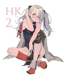 Rule 34 | 1girl, arm behind head, bare shoulders, boots, breasts, character name, closed mouth, commentary request, cross, full body, girls&#039; frontline, glasses, grey hair, hair ornament, hair over one eye, hk21 (girls&#039; frontline), jewelry, knee pads, kneehighs, leotard, long hair, looking at viewer, medium breasts, necklace, olys, purple eyes, red footwear, round eyewear, scarf, simple background, single knee pad, single kneehigh, single sock, sitting, socks, solo, twintails, white background