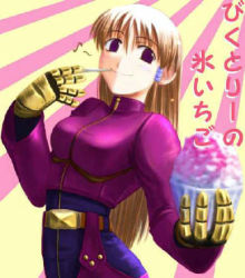 Rule 34 | 1girl, food, gloves, ice cream, kula diamond, long hair, lowres, red eyes, smile, snk, solo, the king of fighters