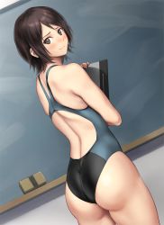 Rule 34 | 1girl, amagami, ass, black hair, blue one-piece swimsuit, board eraser, brown eyes, chalkboard, clipboard, competition swimsuit, dutch angle, embarrassed, from behind, grey one-piece swimsuit, highres, looking at viewer, looking back, one-piece swimsuit, serizawa (serizawaroom), short hair, solo, standing, swimsuit, takahashi maya
