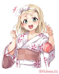 Rule 34 | +++, 1girl, blonde hair, blush, commentary request, cropped torso, ebifurya, floral print, green eyes, hairband, highres, holding, i-504 (kancolle), japanese clothes, kantai collection, kimono, looking at viewer, luigi torelli (kancolle), one-hour drawing challenge, open mouth, sash, short hair, simple background, smile, solo, standing, twitter username, water yoyo, white background, white hairband, yukata