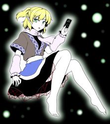 Rule 34 | 1girl, arm warmers, aura, barefoot, blonde hair, danmaku, green eyes, isaki (gomi), looking at viewer, mizuhashi parsee, open mouth, pointy ears, ponytail, sash, scarf, shirt, short sleeves, skirt, solo, spell card, touhou
