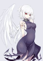 Rule 34 | 1girl, adapted costume, alternate color, angel wings, arms behind back, braid, breasts, collar, cowboy shot, dress, expressionless, female focus, french braid, grey background, highres, hip focus, impossible clothes, impossible dress, kishin sagume, looking at viewer, markings, medium breasts, navel, no jacket, pointy ears, purple dress, raptor7, red eyes, short dress, short hair, short ponytail, silver hair, simple background, single wing, solo, stomach, tattoo, thighs, touhou, wide hips, wind, wings