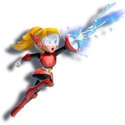 Rule 34 | 1girl, belt, blonde hair, blue eyes, boots, electricity, energy weapon, full body, gloves, mario (series), mighty peach, nintendo, official art, ponytail, power suit, princess peach, princess peach: showtime!, skirt, visor cap, white background