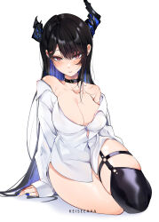 Rule 34 | 1girl, absurdres, asymmetrical legwear, bare shoulders, black choker, black hair, black thighhighs, blue nails, blush, bottomless, breasts, choker, cleavage, collarbone, collared shirt, colored inner hair, dress shirt, full body, heavy breathing, highres, hololive, hololive english, horns, keisea, large breasts, long hair, looking at viewer, multicolored hair, nail polish, naked shirt, nerissa ravencroft, no bra, no panties, open clothes, open shirt, red eyes, shirt, simple background, single thighhigh, sitting, sleeves past wrists, solo, thick thighs, thigh strap, thighhighs, thighs, uneven legwear, very long hair, virtual youtuber, wariza, white background, white shirt