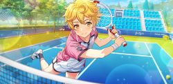 Rule 34 | 1boy, afterl!fe, bleachers, blonde hair, blush, ell (afterl!fe), highres, looking at viewer, male focus, official art, playing sports, racket, second-party source, short hair, short sleeves, shorts, smile, solo, tennis, tennis court, tennis racket, yellow eyes