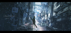 Rule 34 | 1girl, absurdres, alley, artist name, black coat, black footwear, building, city, cityscape, coat, commentary request, from behind, hair ornament, highres, holding, letterboxed, lifeline (a384079959), long hair, looking at viewer, looking back, neon trim, original, outdoors, power lines, road, rubble, scenery, shoes, sign, solo, standing, street, utility pole, vanishing point, white hair, wide shot