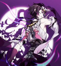 Rule 34 | 1boy, black hair, different shadow, from side, grin, hand up, highres, long hair, looking at viewer, male focus, mask, migo45, multicolored hair, nijisanji, nijisanji en, purple eyes, purple hair, purple theme, shu yamino, shu yamino (1st costume), sideways glance, smile, solo, standing, two-tone hair, virtual youtuber