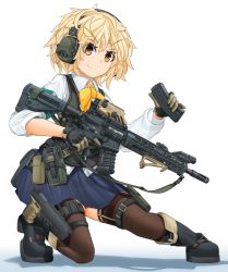 Rule 34 | 1girl, ar-15, armband, assault rifle, black footwear, blonde hair, blouse, blue skirt, boots, bow, bowtie, brown thighhighs, bulletproof vest, closed mouth, collared shirt, commentary request, gloves, green armband, green gloves, gun, handgun, headphones, highres, holding, holding magazine (weapon), holster, long sleeves, looking at viewer, magazine (weapon), messy hair, mikeran (mikelan), miniskirt, on one knee, orange eyes, original, pleated skirt, pouch, rifle, school uniform, shadow, shirt, short hair, simple background, skirt, sleeve rolled up, smile, solo, thigh holster, thigh pouch, thigh strap, thighhighs, trigger discipline, v-shaped eyebrows, weapon, white background, white shirt, wing collar, yellow bow, yellow bowtie