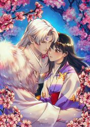 Rule 34 | 1boy, 1girl, arm markings, arms around waist, black hair, blush, brown eyes, cherry blossoms, closed eyes, couple, crescent, crescent facial mark, dated, demon boy, eyeshadow, facial mark, flower, forehead mark, fur trim, hair between eyes, hetero, highres, inuyasha, japanese clothes, kay-i, kimono, makeup, obi, parted bangs, parted lips, pink flower, pointy ears, red eyeshadow, rin (inuyasha), sash, sesshoumaru, striped clothes, striped kimono, tree, twitter username, upper body, white fur, white hair, white kimono