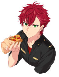 Rule 34 | 1boy, absurdres, closed mouth, collared shirt, commentary request, ear piercing, earrings, fingernails, food, green eyes, helios rising heroes, highres, holding, holding food, hot dog, jewelry, looking at viewer, male focus, otori akira, partial commentary, piercing, red hair, sekina, shirt, short hair, short sleeves, simple background, solo, upper body, white background