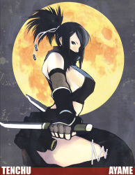 Rule 34 | 1girl, acquire, armor, ayame, ayame (tenchuu), bare shoulders, black hair, breasts, character name, copyright name, crop top, dual wielding, elbow gloves, fingerless gloves, from side, from software, full moon, gloves, hair ribbon, halterneck, halterneck, hip vent, holding, japanese armor, juurou (cougar00infinity), kodachi, kote, long hair, mask, moon, ninja, ponytail, reverse grip, ribbon, short sword, sideboob, sleeveless, solo, sword, tenchu, tenchuu, weapon