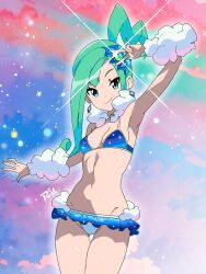 Rule 34 | 1girl, adapted costume, arm up, arm warmers, armpits, bikini, blue bikini, breasts, closed mouth, cowboy shot, creatures (company), earrings, eyelashes, game freak, glint, green eyes, green hair, hair ornament, highres, jewelry, lisia (pokemon), looking at viewer, medium breasts, navel, neck warmer, nintendo, pokemon, pokemon oras, ponytail, r3dfive, signature, small breasts, smile, solo, swimsuit, v