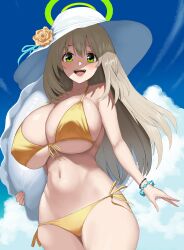 Rule 34 | 1girl, :d, absurdres, bikini, blue archive, blue sky, bracelet, breasts, cloud, commentary request, day, flower, gen (black factory), green halo, halo, hat, highres, huge breasts, jewelry, looking at viewer, navel, nonomi (blue archive), nonomi (swimsuit) (blue archive), official alternate costume, open mouth, outdoors, rose, side-tie bikini bottom, sky, smile, solo, swimsuit, teeth, thighs, upper teeth only, white hat, yellow bikini, yellow flower, yellow rose