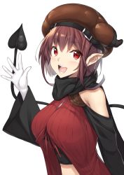 Rule 34 | 1girl, :d, bare shoulders, black scarf, blush, breasts, brown hair, brown hat, clothing cutout, commentary request, demon girl, demon tail, dress, gloves, hair between eyes, hand up, hat, highres, horns, horns through headwear, long hair, long sleeves, looking at viewer, medium breasts, open mouth, original, red dress, red eyes, scarf, shoulder cutout, simple background, smile, solo, tail, tail raised, upper body, white background, white gloves, wide sleeves, yappen