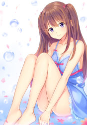Rule 34 | 1girl, babydoll, barefoot, blue panties, blush, breasts, brown hair, bubble, closed mouth, collarbone, from side, large breasts, legs together, long hair, looking at viewer, original, panties, petals, purple eyes, riichi (rouchi), sidelocks, sitting, smile, solo, thighs, two side up, underwear