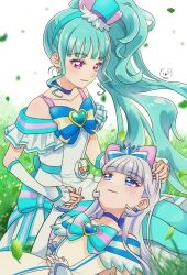 Rule 34 | 2girls, aqua hair, aqua hairband, aqua headwear, aqua pantyhose, blue bow, blue choker, blue eyes, blunt bangs, bow, brooch, choker, collarbone, crown, cure lillian, cure nyammy, dot nose, dress, dress bow, earrings, grass, hair bow, hairband, hand on another&#039;s head, hat, heart, heart brooch, highres, holding hands, jewelry, lap pillow, leaf, long hair, looking at another, magical girl, mini crown, mini hat, moro precure, multicolored bow, multiple girls, nekoyashiki mayu, nekoyashiki yuki, pantyhose, parted lips, pouch, precure, purple eyes, side ponytail, sitting, smile, striped, striped bow, twitter username, white dress, white hair, wonderful precure!, wrist cuffs