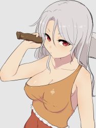 Rule 34 | 1girl, arm at side, bare arms, bare shoulders, breasts, cleavage, closed mouth, collarbone, covered erect nipples, covered navel, dress, eyes visible through hair, grey background, grey hair, half-closed eyes, hand up, hatchet, highres, holding, long hair, looking at viewer, marsen, medium breasts, multicolored clothes, multicolored dress, over shoulder, red eyes, sakata nemuno, simple background, single strap, sleeveless, sleeveless dress, solo, touhou, upper body