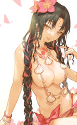 Rule 34 | 1girl, absurdres, adjusting hair, alternate costume, beads, bikini, black hair, blush, bracelet, braid, breasts, collarbone, commentary request, facial mark, fate/grand order, fate (series), flower, forehead mark, hair flower, hair ornament, hand in own hair, highres, horns, huge filesize, jewelry, kotatsu kaya, large breasts, long hair, looking at viewer, nail polish, navel, necklace, nipples, parted bangs, parted lips, pink bikini, pink nails, red flower, sessyoin kiara, sessyoin kiara (swimsuit mooncancer), sessyoin kiara (swimsuit mooncancer) (first ascension), shell, shell necklace, smile, solo, stomach, swimsuit, teeth, wet, wet hair, yellow eyes