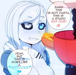 Rule 34 | 1boy, 1girl, anger vein, blue eyes, bob cut, breasts, cleavage, colored skin, english text, genderswap, genderswap (mtf), grin, hot dog, incest, nipples, papyrus (undertale), penis, penis hot dog, personification, sachiko shirayuki, sans (undertale), smile, speech bubble, tagme, uncensored, undertale, white hair, white skin