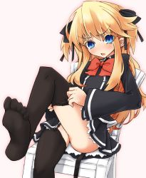 Rule 34 | 1girl, adjusting clothes, adjusting legwear, black thighhighs, blonde hair, blue eyes, blush, chair, colored eyelashes, feet, garter straps, hair ribbon, long hair, open mouth, outstretched leg, quiz magic academy, ribbon, sasamashin, school uniform, shalon, sharon, shirt, sitting, skirt, skirt set, soles, solo, thighhighs, thighhighs pull, toes, twintails, two side up, upskirt