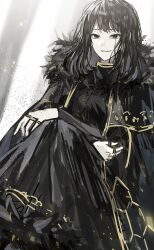 Rule 34 | 1girl, absurdres, black cape, black dress, black eyes, black hair, cape, dress, fur-trimmed cape, fur trim, gold trim, hexagon print, highres, jewelry, library of ruina, long hair, long sleeves, looking at viewer, multiple rings, project moon, ring, sitting, smile, solo, tkylv1683, zena (project moon)