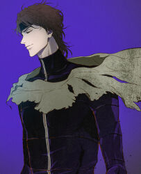 Rule 34 | 1boy, absurdres, aizen sousuke, bleach, bodysuit, brown eyes, brown hair, closed mouth, eyepatch, half-closed eyes, high collar, highres, korean commentary, light smile, male focus, medium hair, purple background, shawl, simple background, solo, thirdwolg, torn clothes, upper body