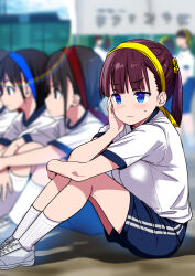 Rule 34 | 6+girls, blue eyes, blurry, blurry background, breasts, breasts on lap, brown hair, closed mouth, commentary request, flower, frown, gym shirt, gym shorts, gym uniform, hachimaki, hair flower, hair ornament, hand on own face, headband, highres, hiyori (wakana hanabi), hugging own legs, large breasts, lens flare, looking afar, multiple girls, original, shirt, shoes, short twintails, shorts, sneakers, socks, solo focus, sweatdrop, twintails, wakana hanabi, wavy mouth, white footwear, white socks, wince