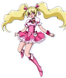 Rule 34 | 00s, 1girl, :d, blonde hair, boots, bow, cure peach, fresh precure!, full body, hair ornament, heart, heart hair ornament, knee boots, long hair, momozono love, oekaki, open mouth, pink bow, pink eyes, pink footwear, precure, simple background, smile, solo, turkey min, twintails, white background