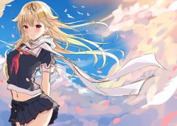 Rule 34 | 1girl, akino ell, arms behind back, blonde hair, blue sky, blush, breasts, cherry blossoms, cloud, hair flaps, kantai collection, long hair, looking at viewer, medium breasts, midriff, midriff peek, navel, red eyes, scarf, school uniform, serafuku, sky, smile, solo, unfinished, white background, yuudachi (kancolle), yuudachi kai ni (kancolle)