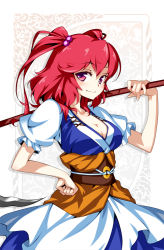 Rule 34 | 1girl, blush, breasts, cleavage, female focus, hair bobbles, hair ornament, hand on own hip, hip focus, hong (white spider), large breasts, onozuka komachi, polearm, red eyes, red hair, scythe, short hair, smile, solo, touhou, twintails, two side up, weapon