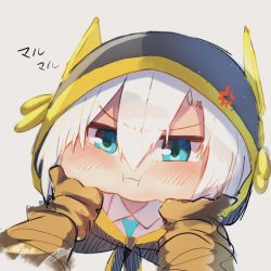 Rule 34 | 1girl, :i, anger vein, ars almal, blue eyes, blush, brown gloves, closed mouth, collared shirt, gloves, grey background, hair between eyes, hands on another&#039;s cheeks, hands on another&#039;s face, hood, hood up, moti yousei, nijisanji, out of frame, pout, shirt, simple background, solo focus, translation request, upper body, v-shaped eyebrows, virtual youtuber, white hair, white shirt