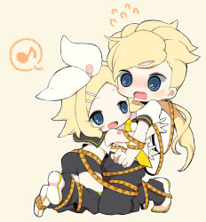 Rule 34 | 1boy, 1girl, asemu asuno, blonde hair, blue eyes, blush, bow, brother and sister, chibi, cosplay, gundam, gundam age, hair bow, hair ornament, hairclip, hetero, hug, kagamine len, kagamine len (cosplay), kagamine rin, kagamine rin (cosplay), kneeling, komatsuna, long hair, look-alike, musical note, necktie, open mouth, ponytail, shoes, shorts, siblings, simple background, tattoo, unoa asuno, vocaloid, yellow necktie